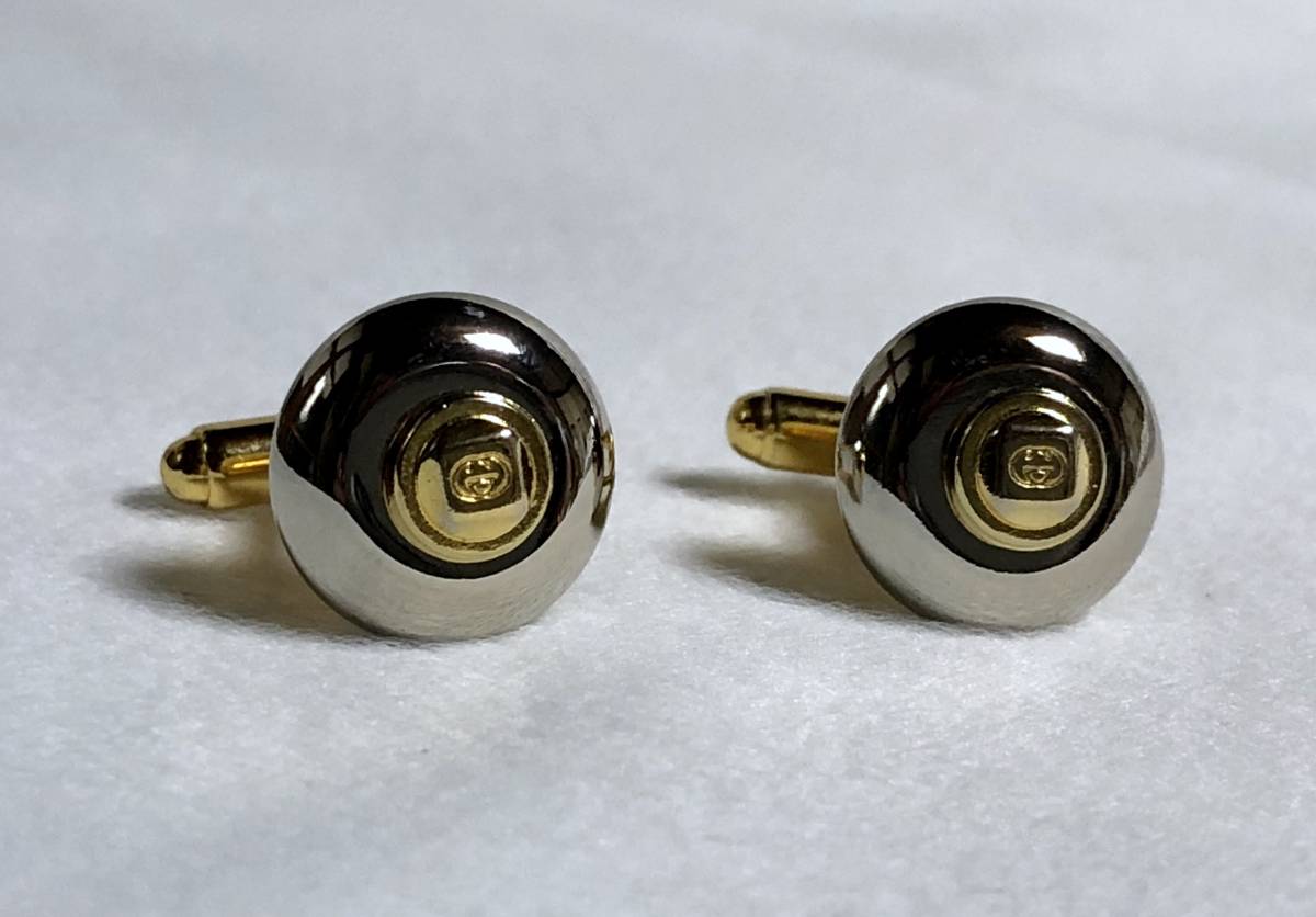 正規美 激レア! GUCCIグッチ インターロッキング オーバル立体GGロゴカフス 銀×金 シルバー×ゴールド カフリンクス コンビカラーボタン★拍卖
