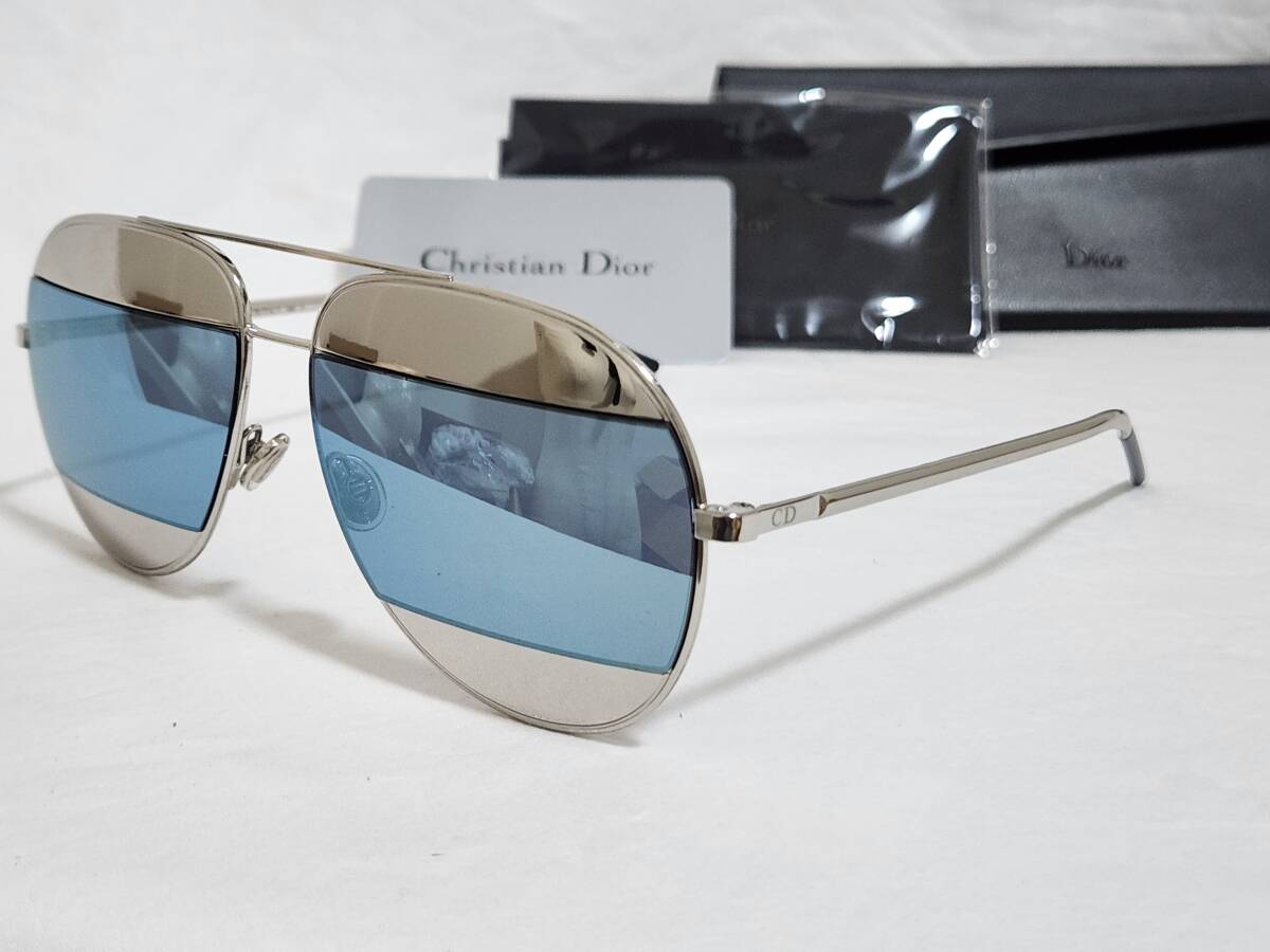 正規良 レア Dior CDロゴ ティアドロップ パイロット サングラス 青 メタルシルバー CDロゴ クラシック ミラーコンビ アイウェア 付属有拍卖