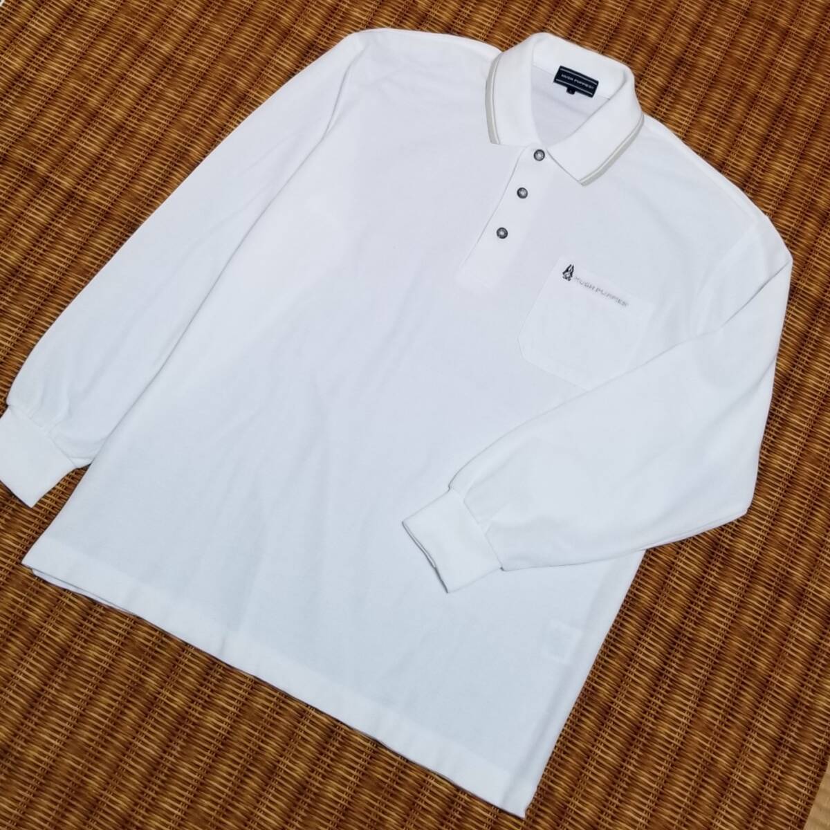 【美品】◎ Hush Puppies ハッシュパピー/ 長袖 ワンポイント刺繍ロゴ 鹿の子 ポロシャツ 胸ポケットあり SIZE: L ホワイト拍卖