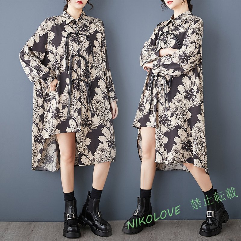 ☆新品 ゆったり大きいサイズ 総柄 エスニック風 レディース 着やせ 長袖シャツチュニックワンピース F MK432拍卖