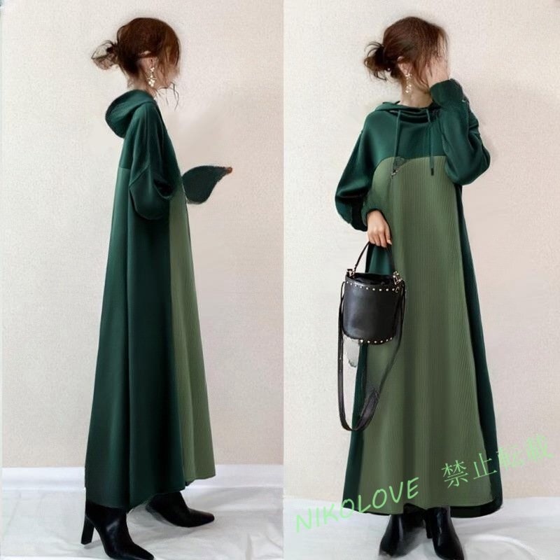 ☆新品 緑がかわいい!!ジャージーニットリブワンピフードつき★ ★大きいサイズ★マキシ丈ワン MK639拍卖