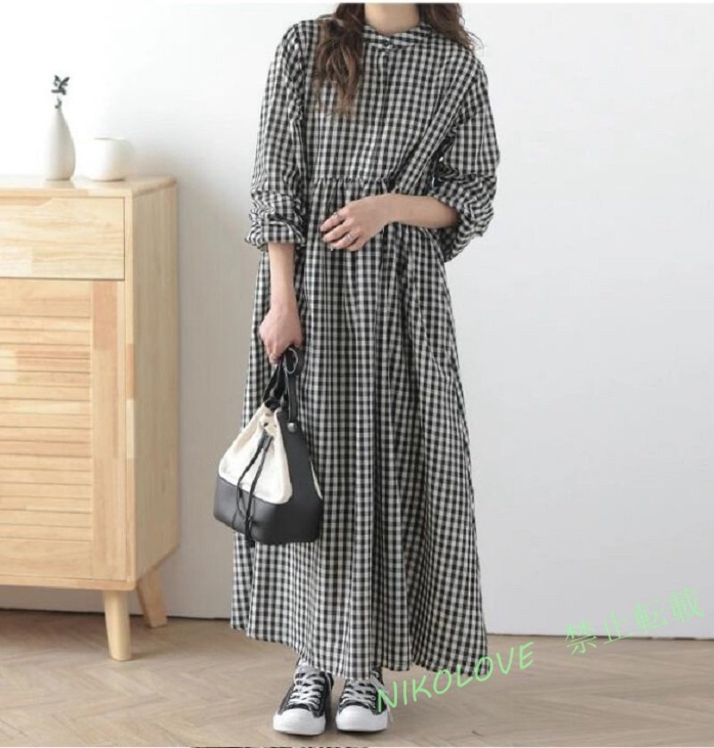 ☆新品 コットン風ギンガムチェックワンピ★ ★大きいサイズ ★ナチュラル系ゆったりロング丈ワンピ MK576拍卖