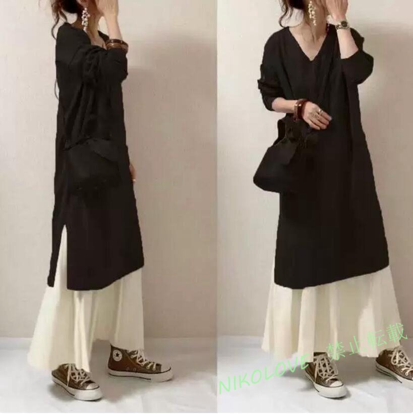 ☆新品 Vネックのジャージーニット素材のロング丈ワンピと白のスカートの2点セット大きいサイズ★重ねて着れてかわいい MK493拍卖