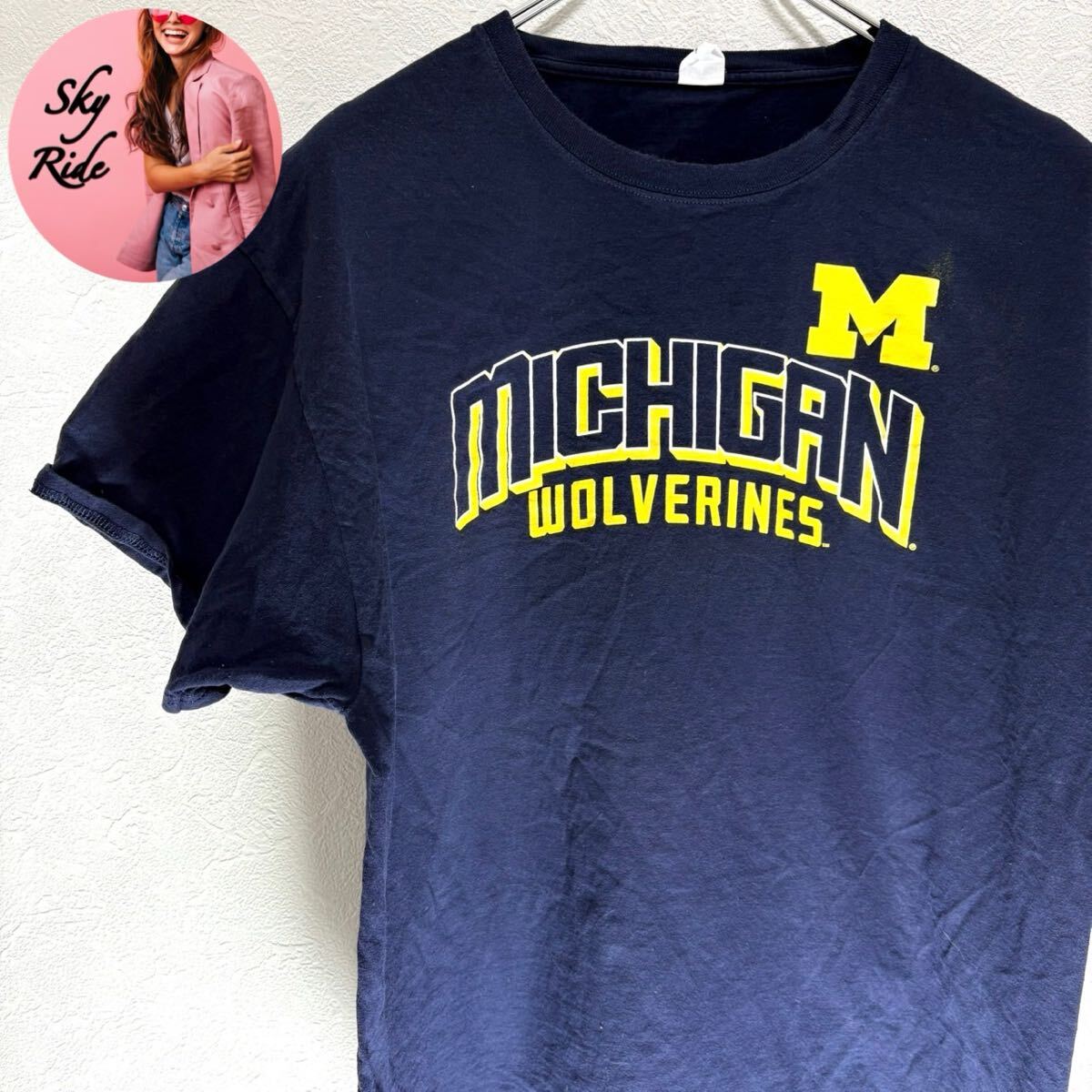 HANES ヘインズ メンズ MICHIGAN ミシガン プリント ヴィンテージ 半袖 カレッジTシャツ 紺色 XL ビッグシルエット 古着 #SB0021拍卖