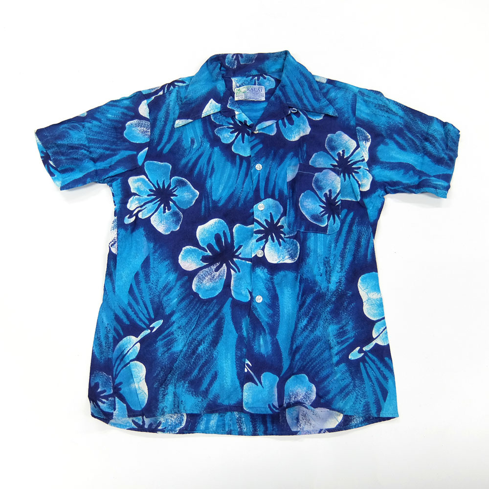 ヴィンテージ KAUAI M ハワイアン シャツ 半袖 ビンテージ ハイビスカス ブルー HAWAIIAN拍卖