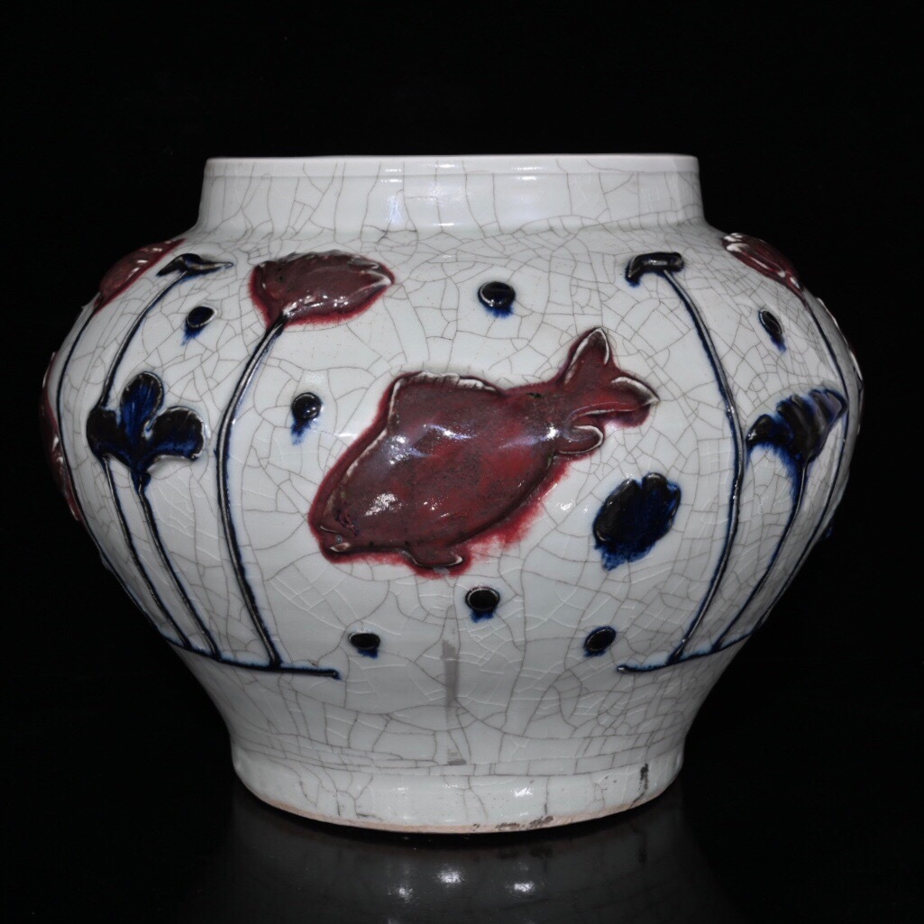 【超珍館蔵】元 古陶瓷品 青花 釉里紅 魚藻紋罐 置物 古賞物 古美術品 稀少珍蔵品拍卖