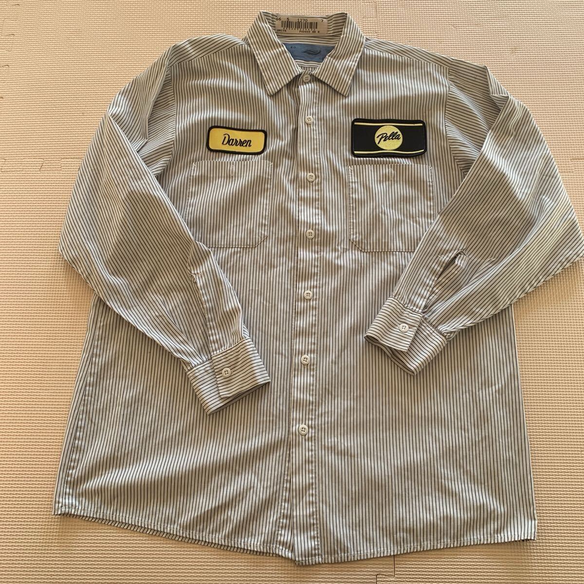 90s【Cintas】シンタス ストライプ ワークシャツ L USA製 ワッペン ロードランナー クライスラー Plymouth/Dodge グッドプリント拍卖