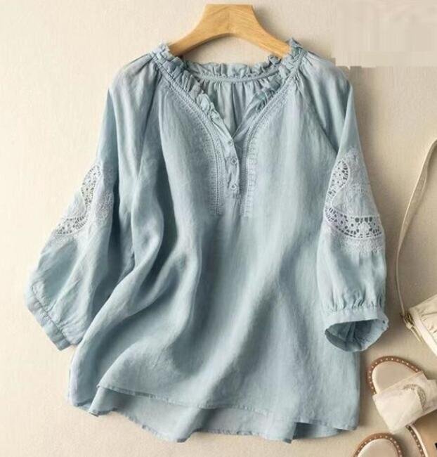 OHJ211★お色選択可M-2XLサイズ 上品ブラウス レディース 七分袖 チュニック 刺繍り 綿麻 シャツ ゆったり 可愛い 大人 トップス ブルー拍卖