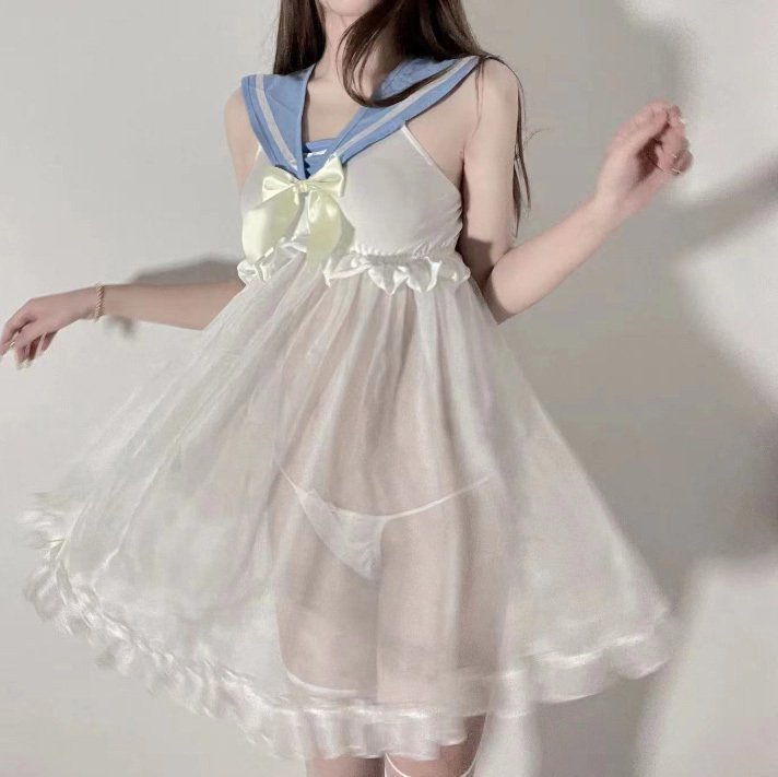 LRM336コスプレ衣装 悩殺 シースルー セーラー服風 ワンピース ドレス 制服【ワンピース・ショーツ 2点セット】ランジェリー ナイトウェア拍卖