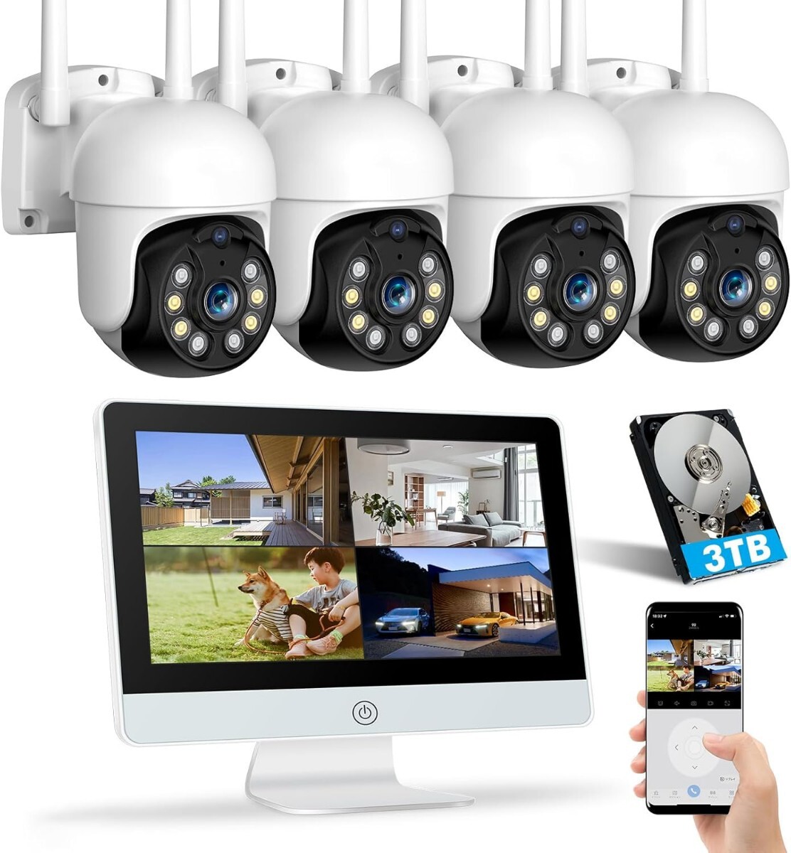 【500万画素・360°全方位追尾 】防犯カメラ ワイヤレス 屋外 12インチIPS防犯モニター 一体型NVR 4台 屋外 ワイヤレス防犯カメラ セット 拍卖