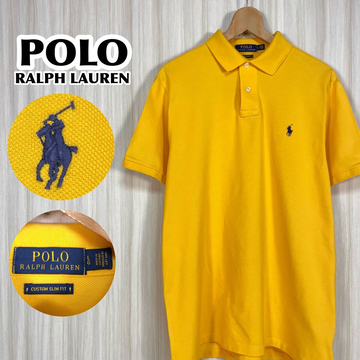 ☆現行タグ☆良品☆国内正規品☆POLO ポロラルフローレン 刺繍ロゴ ネイビーポニー 半袖 ポロ L イエロー 黄 ロングテール アメカジ 古着拍卖