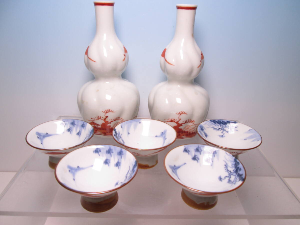 ☆お料理屋さんの器 清水焼 松斎 色絵 山水文 徳利2&酒盃5 酒器/酒杯/茶懐石/割烹/日本料理拍卖