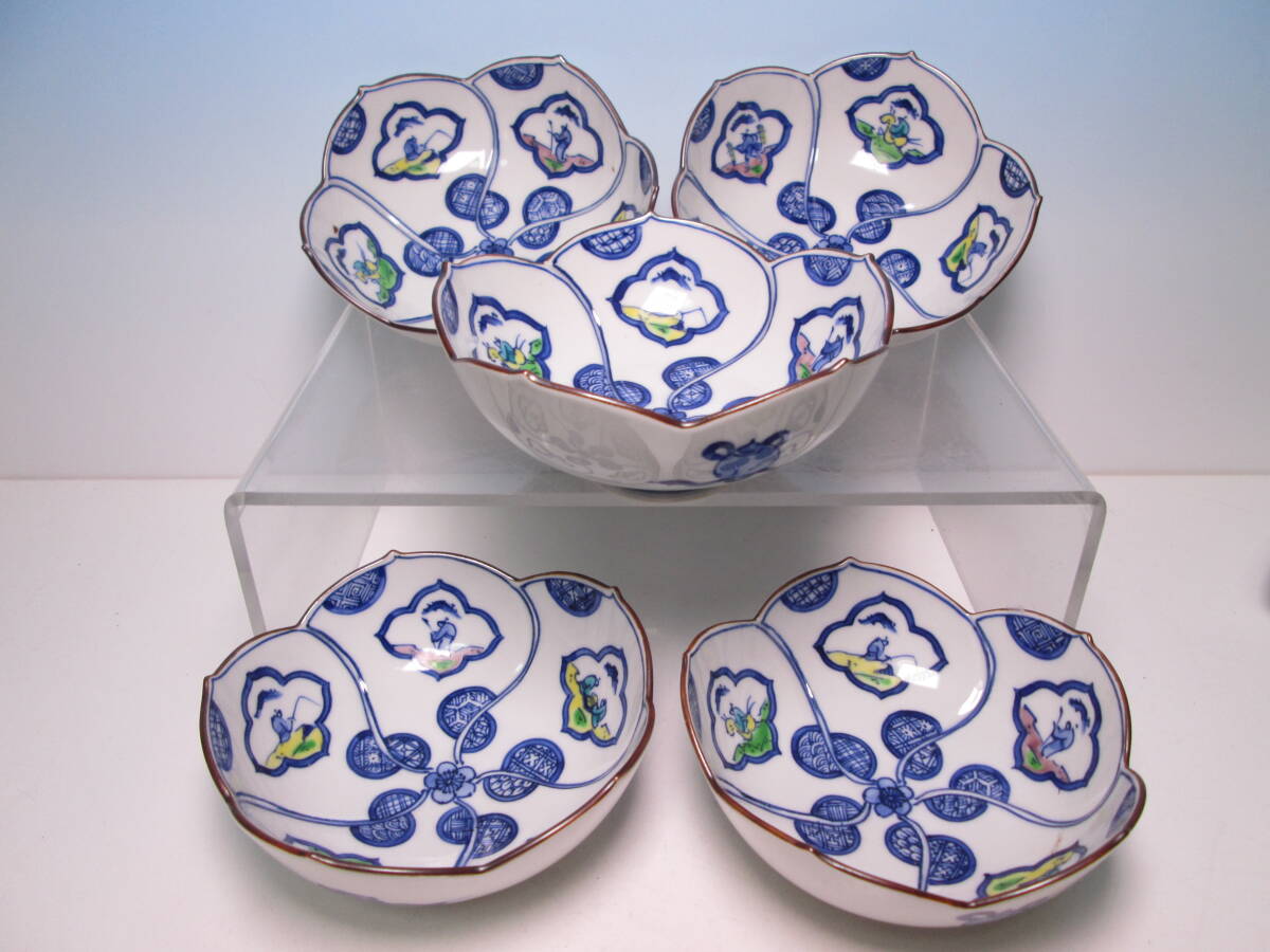 ☆お料理屋さんの器 清水焼 高木岩華 色絵 花形 向付 五客 小鉢/茶懐石/割烹/日本料理拍卖