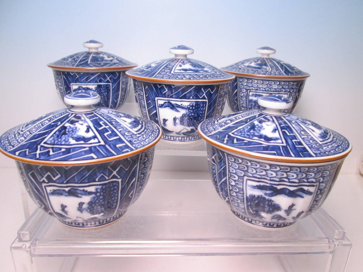 ☆お料理屋さんの器 清水焼 馬場京泉 染付 蓋付湯呑 五客 箱無 茶懐石/割烹/日本料理拍卖