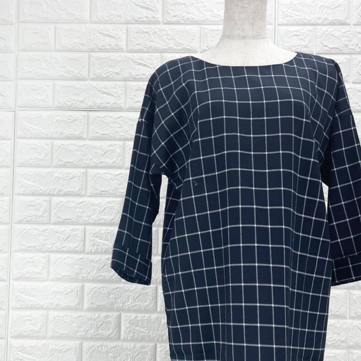【A3409】E hyphen world gallery イーハイフンワールドギャラリー ワンピース レディース ネイビー×チェック柄 七分袖 春秋 ⅩLサイズ拍卖