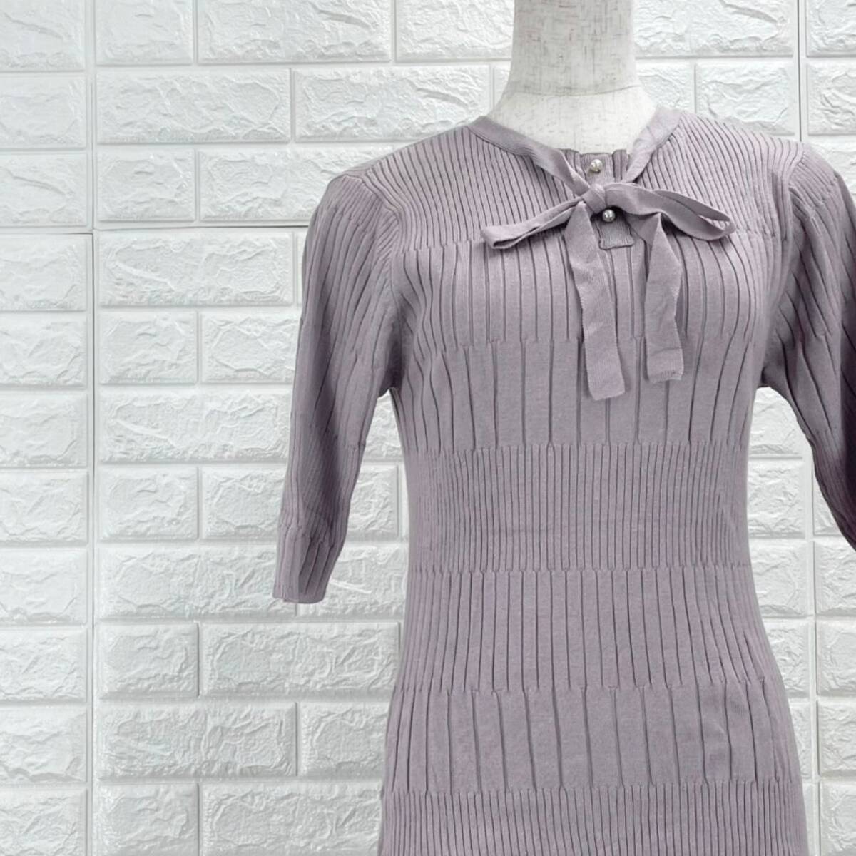 【A3536】Couture Brooch クチュールブローチ リブニット トップス レディース パープル 五分袖 きれいめ エレガント 春 Mサイズ拍卖