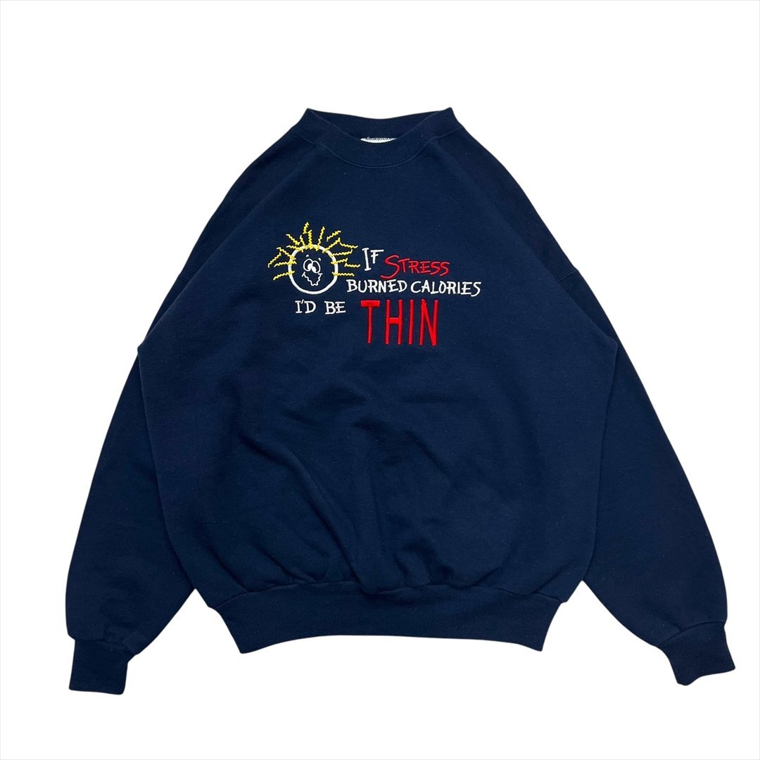 90s Vintage Cheek-O Stress Burned Calories スウェット シャツ トレーナー ネイビー 古着 メンズ L スエット ヴィンテージ ビンテージ拍卖