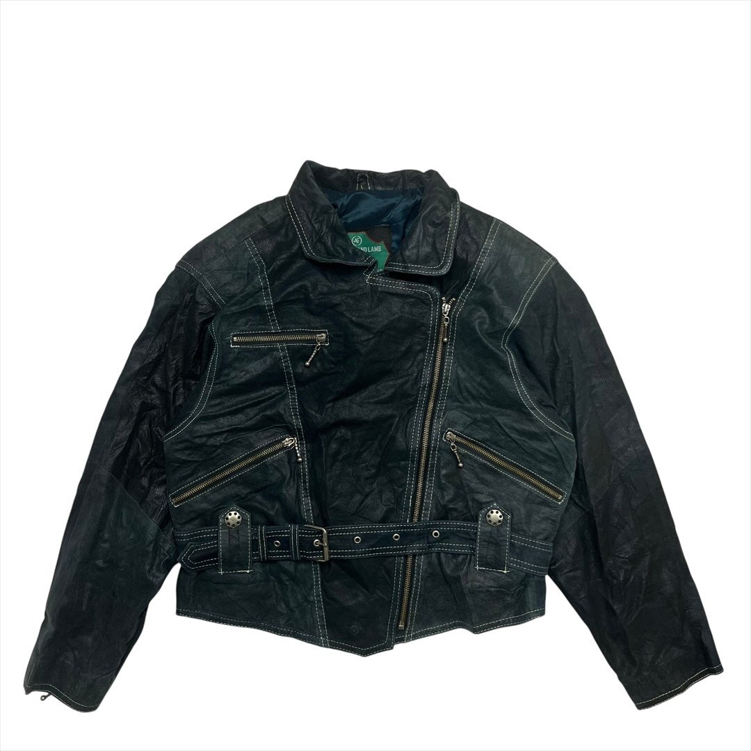 Vintage NEW ZEALAND LAMB 本革 レザー ライダース ネイビー 古着 メンズ L ダブル ヴィンテージ ビンテージ拍卖