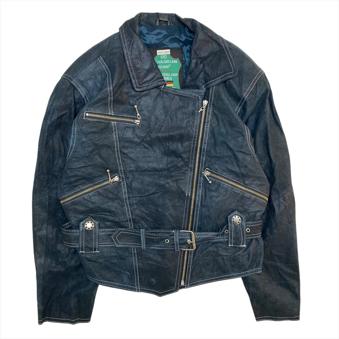 【訳アリ】 Vintage NEW ZEALAND LAMB 本革 レザー ダブル ライダース ジャケット グリーン 古着 メンズ L ヴィンテージ ビンテージ拍卖