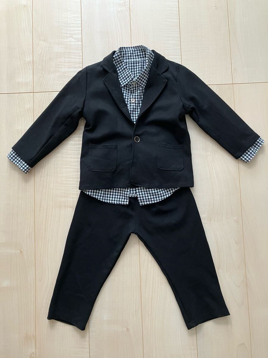 カジュアル フォーマル ジャケット パンツ シャツ 3点セット ストレッチ素材 スーツ 120 ブラック 黒 入学式 七五三拍卖