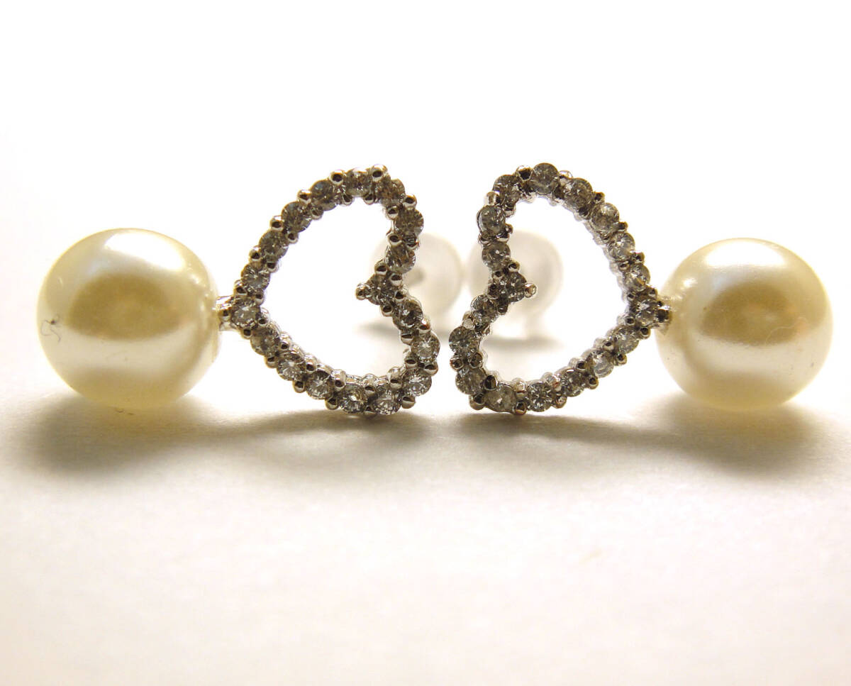 SP◆美品◆洗浄済SILVER925 フェイクパール ハートラインストーン ピアス 925拍卖