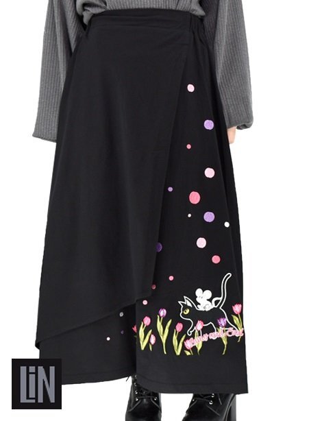 ラミ&アール「チューリップレースカート」◆LIN ブラックLサイズ レディース AL-75750 黒猫 刺繍 ネコ ネズミ拍卖
