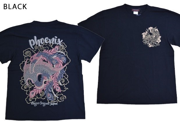 鳳凰刺繍風インクジェットプリント半袖Tシャツ◆CHIGIRI ブラックLサイズ CHS62-593 ちぎり チギリ 和柄 和風拍卖
