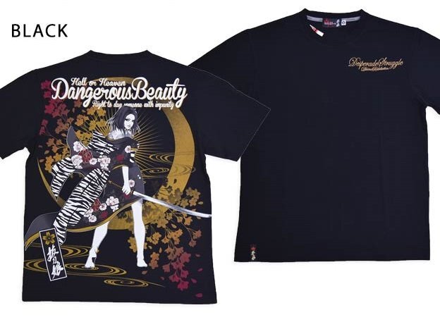 抜刀娘 凛誘惑半袖Tシャツ◆抜刀娘 ブラックLサイズ 252134 和柄 和風 花魁 着物 からくり拍卖