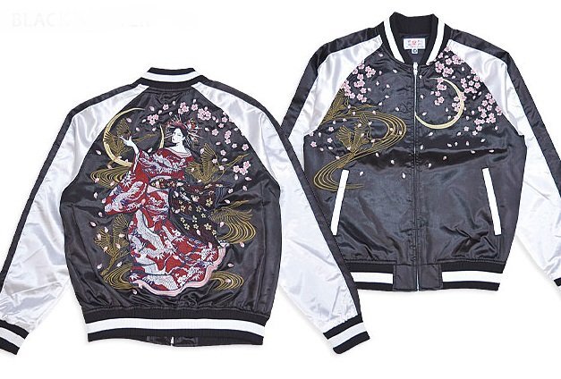 花魁サテンスカジャン◆華鳥風月 ブラック×ゴールドLサイズ 3041801 和柄 和風 刺繍 おいらん 着物 スーベニアジャケット拍卖