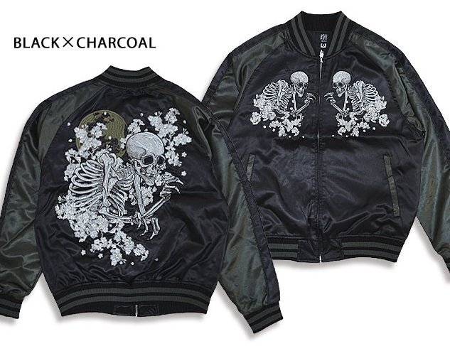 がしゃ髑髏スカジャン◆朧 ブラック×チャコールLサイズ 9023821 和柄 和風 おぼろ ドクロ 刺繍 スーベニアジャケット拍卖