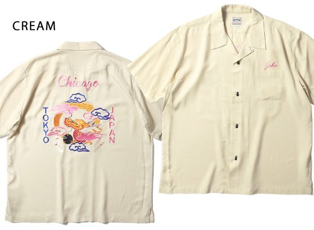 ボウリングシャツ「DRAGON」◆HOUSTON クリームXXLサイズ 41176 ヒューストン 和柄 スカシャツ 刺繍 龍 竜 ドラゴン拍卖