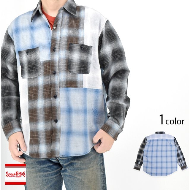 インディゴオンブレチェッククレイジーロングスリーブワークシャツ◆SUGER CANE ブルーLサイズ SC29523 シュガーケーン 日本製拍卖