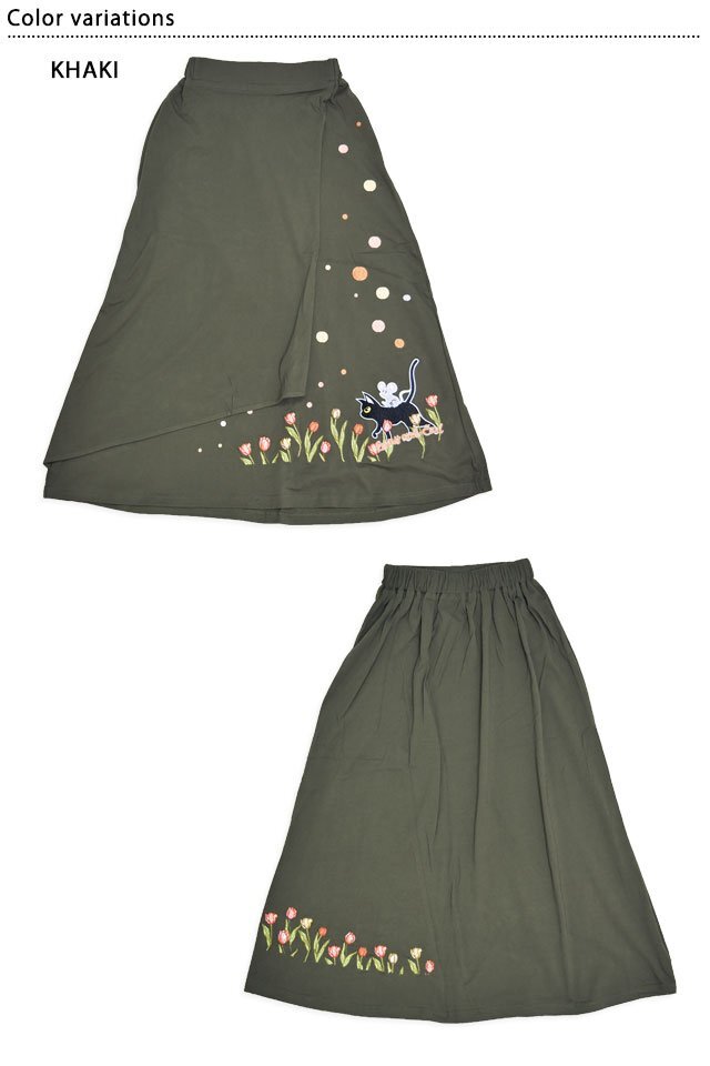 ラミ&アール「チューリップレースカート」◆LIN カーキLサイズ レディース AL-75750 黒猫 刺繍 ネコ ネズミ拍卖