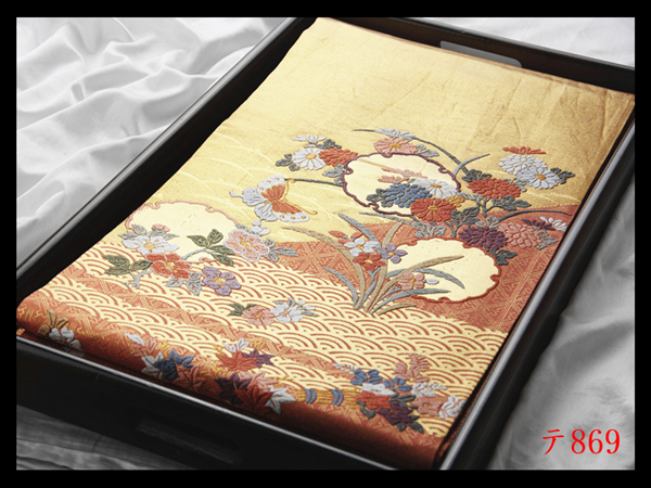 蔵【テ869】西陣逸品 錦織 振袖可 雪輪鴛鴦草花紋 鉛丹色地 正絹純金糸六通高級美術袋帯 ◇検◇簪着物名古屋帯和装小物帯締め拍卖
