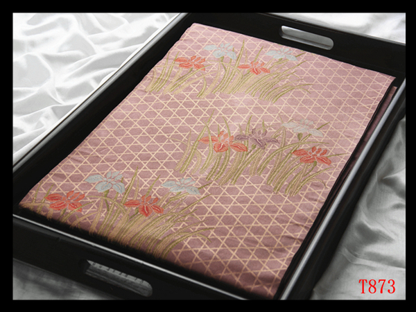 蔵【T873】西陣美品 花菖蒲紋 浅蘇芳色地 気品豊かに 正絹純金糸高級美術名古屋帯 ◇検◇簪着物袋帯和装小物帯締め拍卖