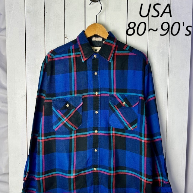 sh●840 USA古着 80s~90s 薄手アクリル チェックシャツ M 青系 オールド ヴィンテージ アメリカ古着 長袖 春秋 M~L拍卖