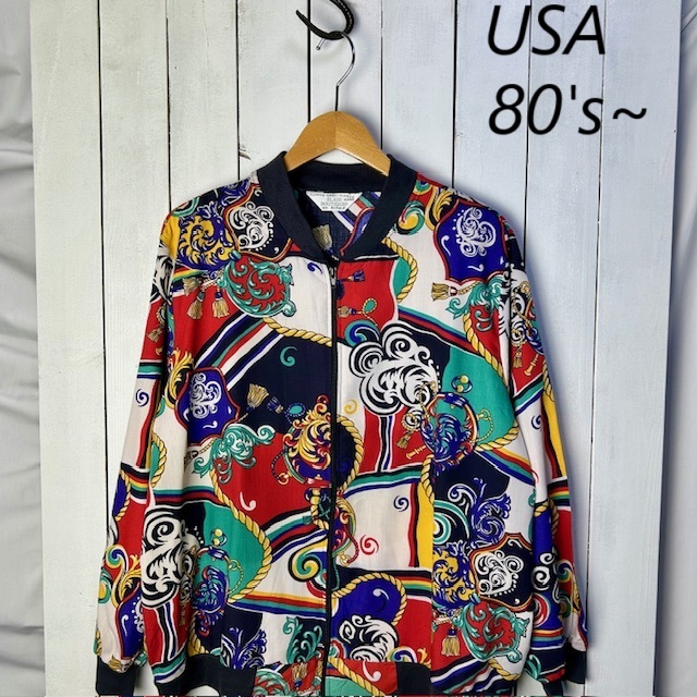 USA古着 80s~ 薄手 総柄ジップブルゾン L程度 春夏 オールド ヴィンテージ アメリカ古着 ポリ レーヨン ライトアウター ●294拍卖