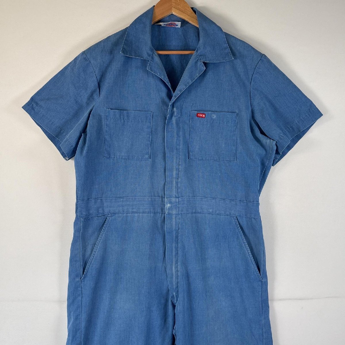 古着 90's/90年代 ディッキーズ Dickies 半袖つなぎ オールインワン ワークウェア 作業着 ジャンプスーツ ワンポイントロゴ 水色系 メンズ拍卖