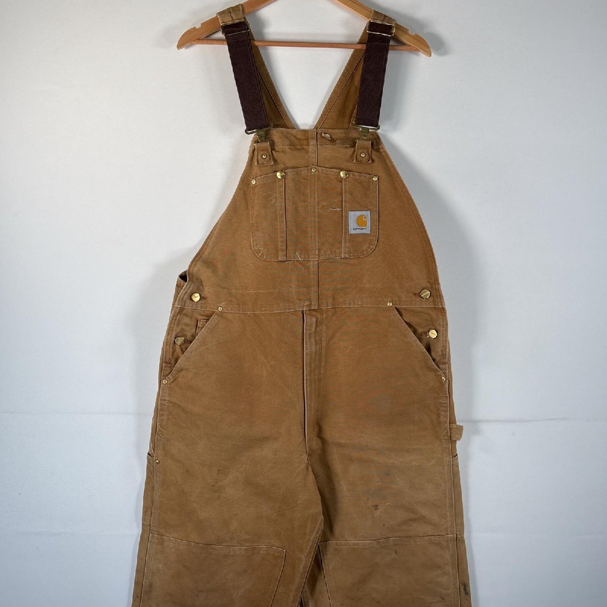 古着 カーハート Carhartt オーバーオール ダック ダブルニー 作業着 大きいサイズ ワーク ワンポイントロゴ w46 L32 キャメル メンズ拍卖