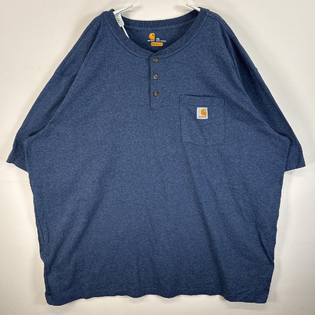 古着 カーハート Carhartt 半袖Tシャツ ワンポイント ロゴ 大きいサイズ ヘンリーネック 4XL ネイビー 無地 メンズ拍卖
