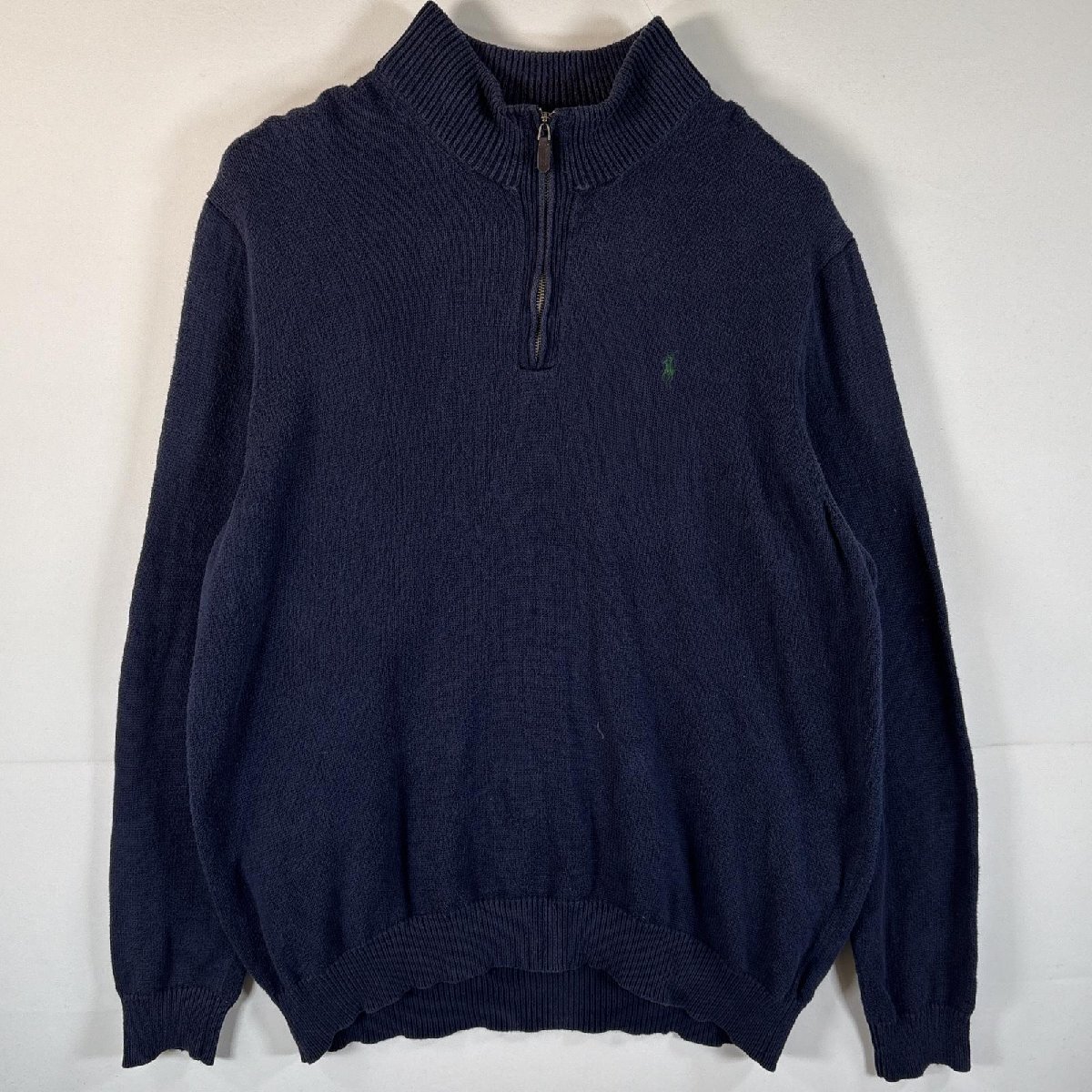 古着 ポロ・ラルフローレン POLO RALPH LAUREN ニット セーター 大きいサイズ ハーフジップ ワンポイントロゴ刺繍 2XLT ネイビー メンズ拍卖