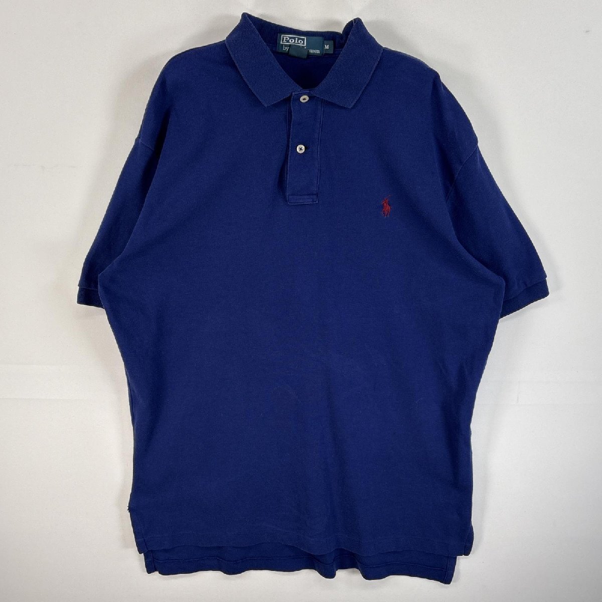 古着 90's/90年代 ポロバイラルフローレン Polo by Ralph Lauren 半袖 ポロシャツ ロゴ 刺繍 2ボタン M ブルー 無地 メンズ拍卖