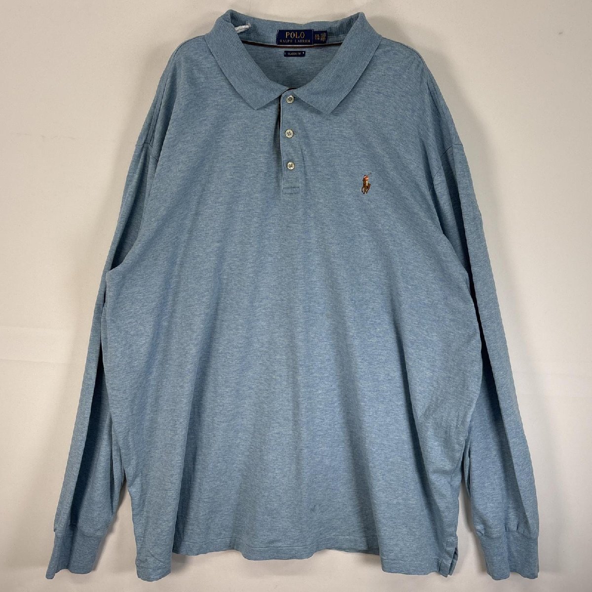 古着 ポロ・ラルフローレン POLO RALPH LAUREN 長袖 ポロシャツ ロゴ 刺繍 大きいサイズ 3ボタン XXL 水色 無地 メンズ拍卖