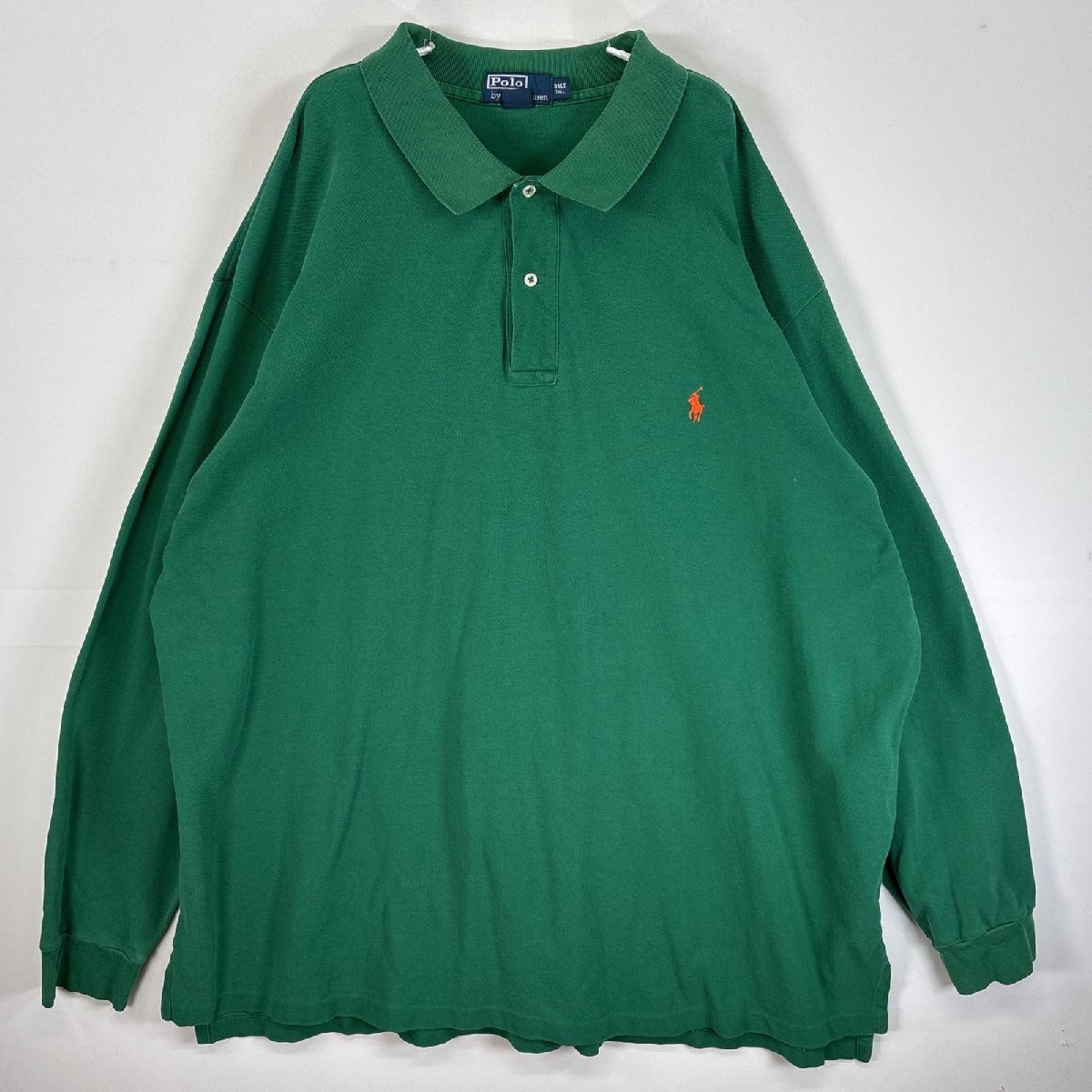 古着 90's/90年代 ポロバイラルフローレン Polo by Ralph Lauren 鹿の子 長袖 ポロシャツ ロゴ 刺繍 2ボタン 大きいサイズ 3XLT グリーン拍卖