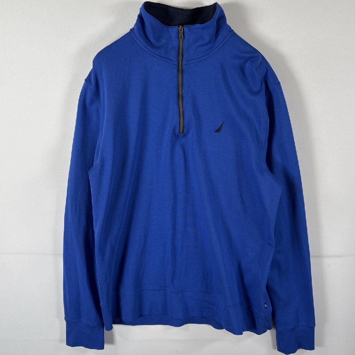 古着 ノーティカ NAUTICA スウェット ハーフジップ トレーナー ワンポイントロゴ刺繍 ツートンカラー 襟付き L ブルー メンズ拍卖