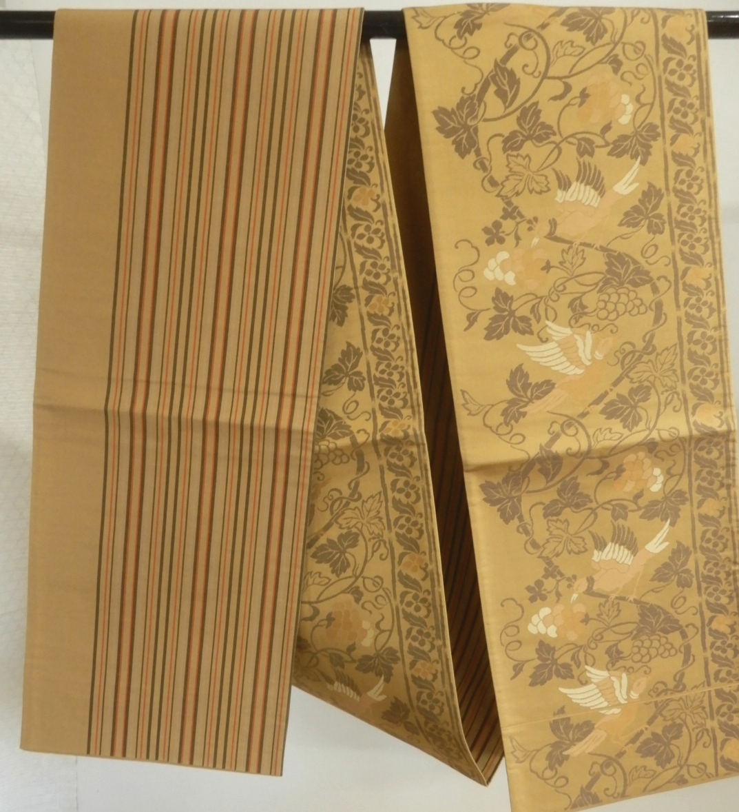 <銀の斧>正絹・美穂姿の花鳥袋名古屋帯・表も裏も・シック・紬のお着物に拍卖