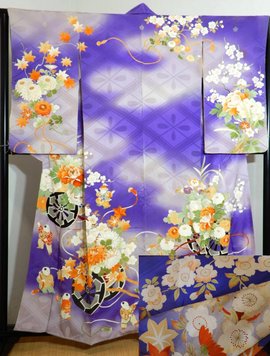 <銀の斧>正絹・アンティーク振袖・手描友禅・花車を引く唐子拍卖