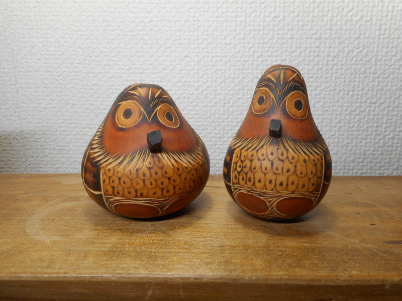 ペルー ひょうたん細工 フクロウ 梟 マテブリラード 2個 瓢箪 鳥 置物拍卖