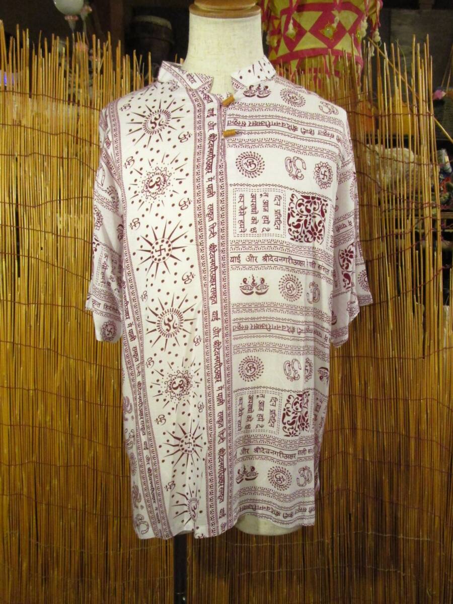 【送料込み/SALE】②新品*男女兼用*レーヨン素材*ラムナミプリント*マオカラー*半袖*プルオーバー*2XL エスニック MAJAM拍卖