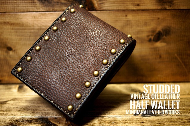 手縫い ビンテージオイルレザー ハーフウォレット 革財布 二つ折り財布 レザーウォレット 栃木レザー バイカーウォレット サイフ拍卖